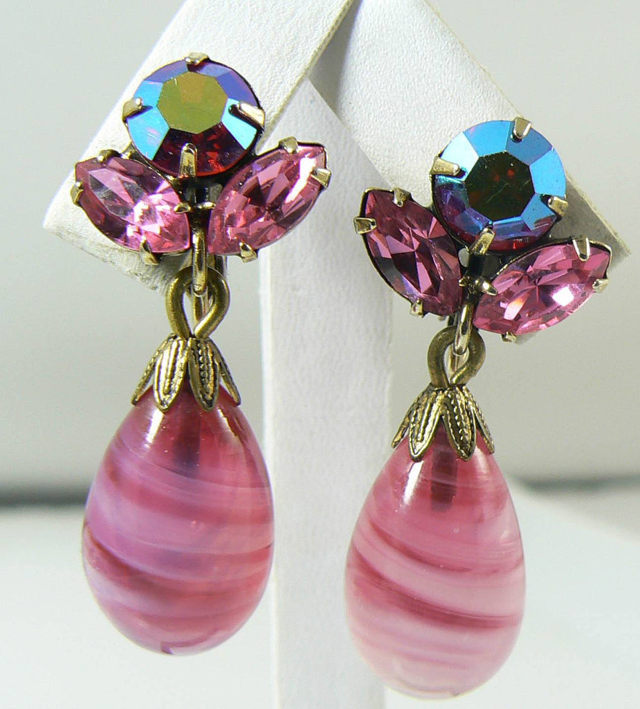 Vintage Regency Pink Art Glass Dangle Clip Earrings
