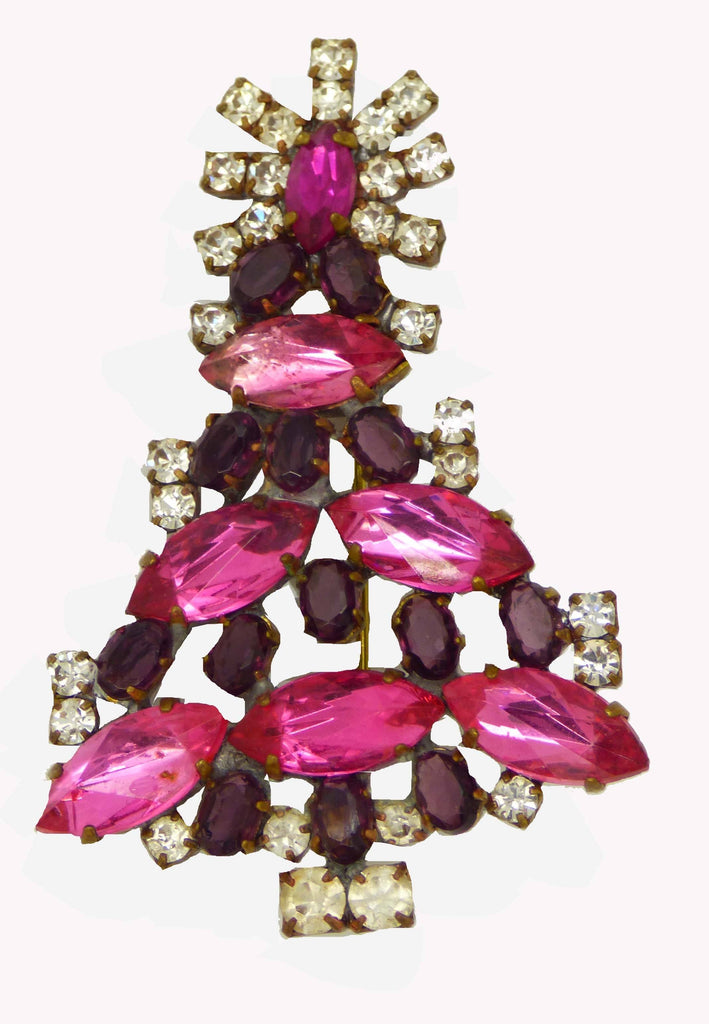 Czech Glass Pink and Purple Cabochon Husar D. Signed Christmas Tree Pin, X-mas pin, Holiday Brooch