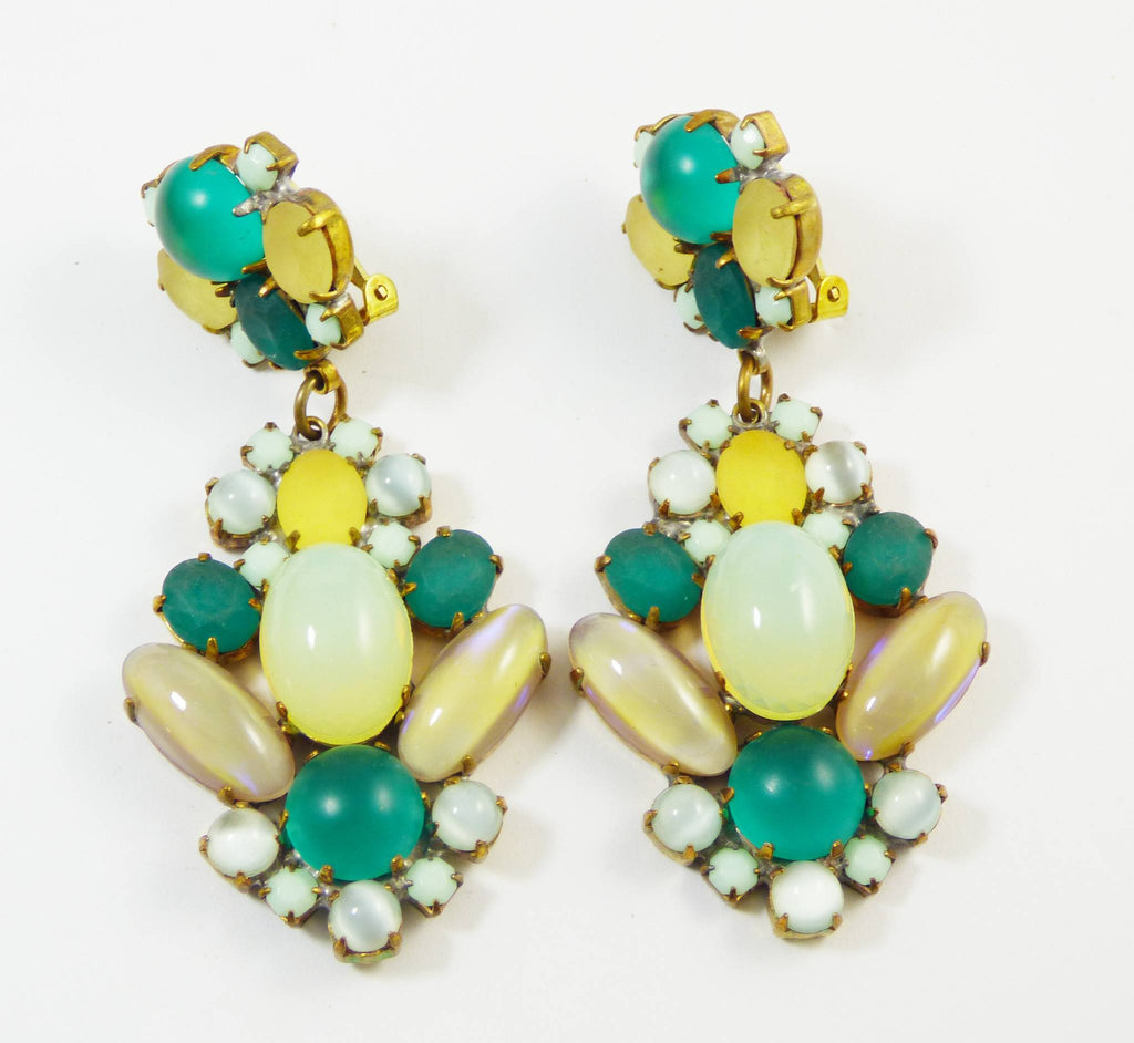 Czech Glass Opaque Glass Stones Large Dangling Clip Earrings