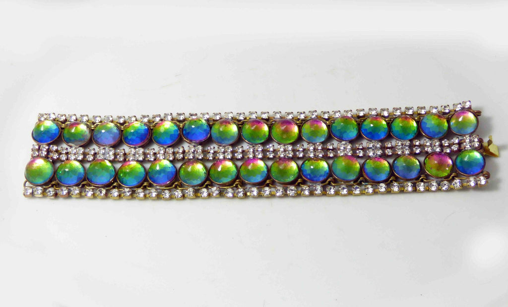 Czech Glass Rhinestone and Iridescent Cabochon Wide Brass Bracelet - Vintage Lane Jewelry
