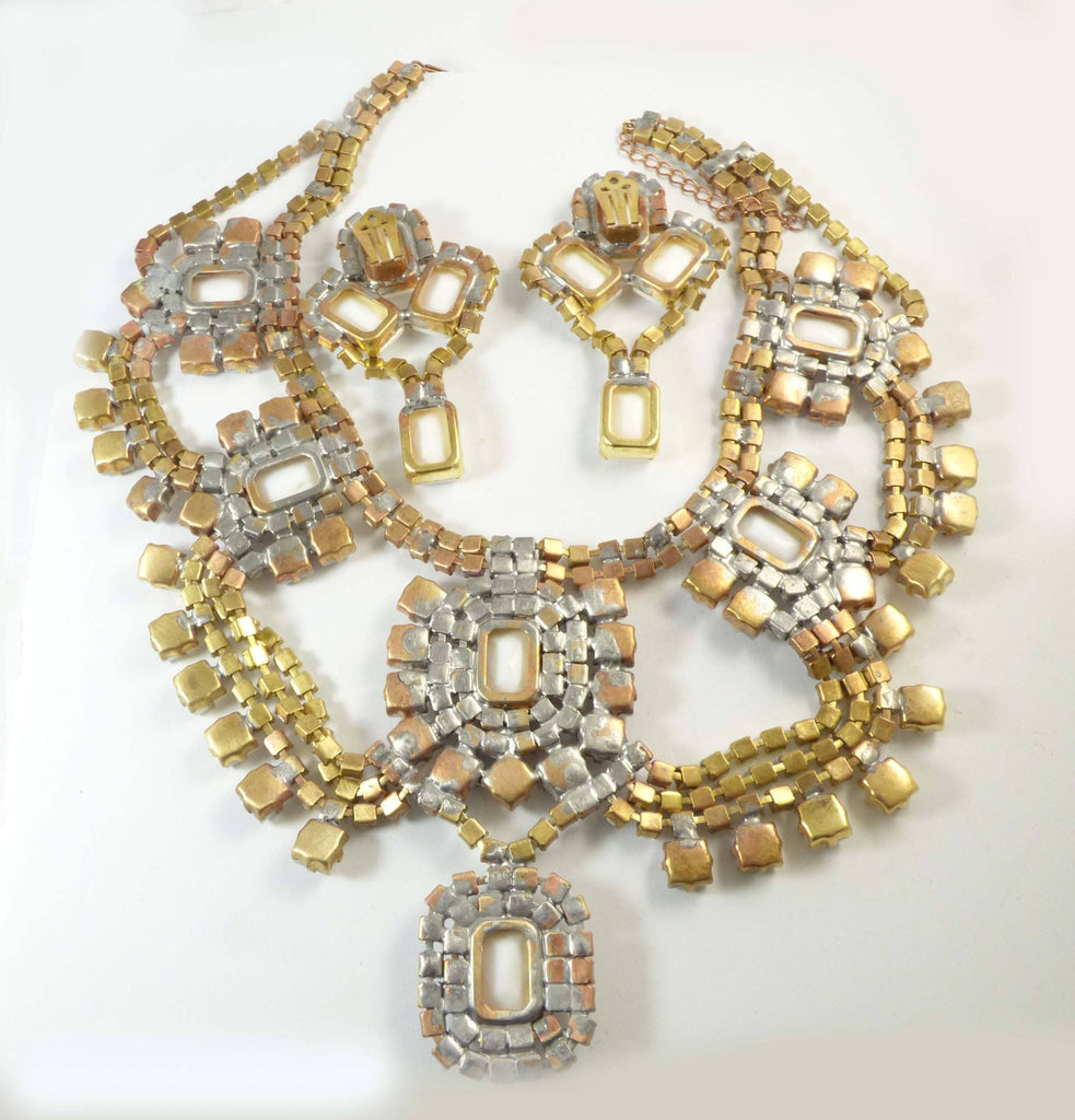 Czech Glass Bold Milk Glass Necklace with Matching Clip Earrings, Wedding Set, Bridal Jewelry - Vintage Lane Jewelry