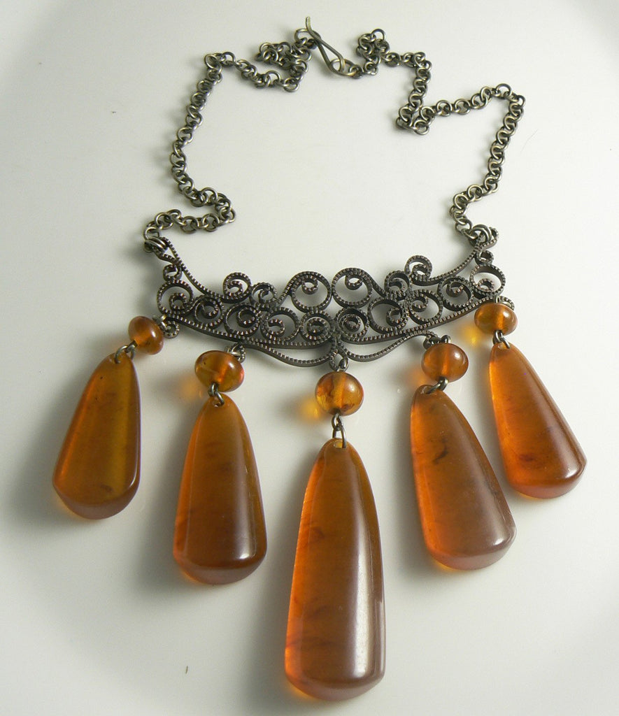 Amber Colored Lucite Dangle Filigree Necklace