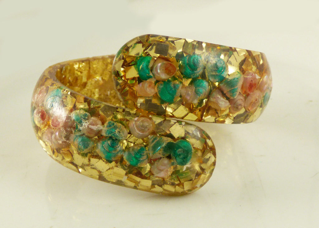 Gold Confetti and Sea Shells Lucite Clamper and Earring Set - Vintage Lane Jewelry