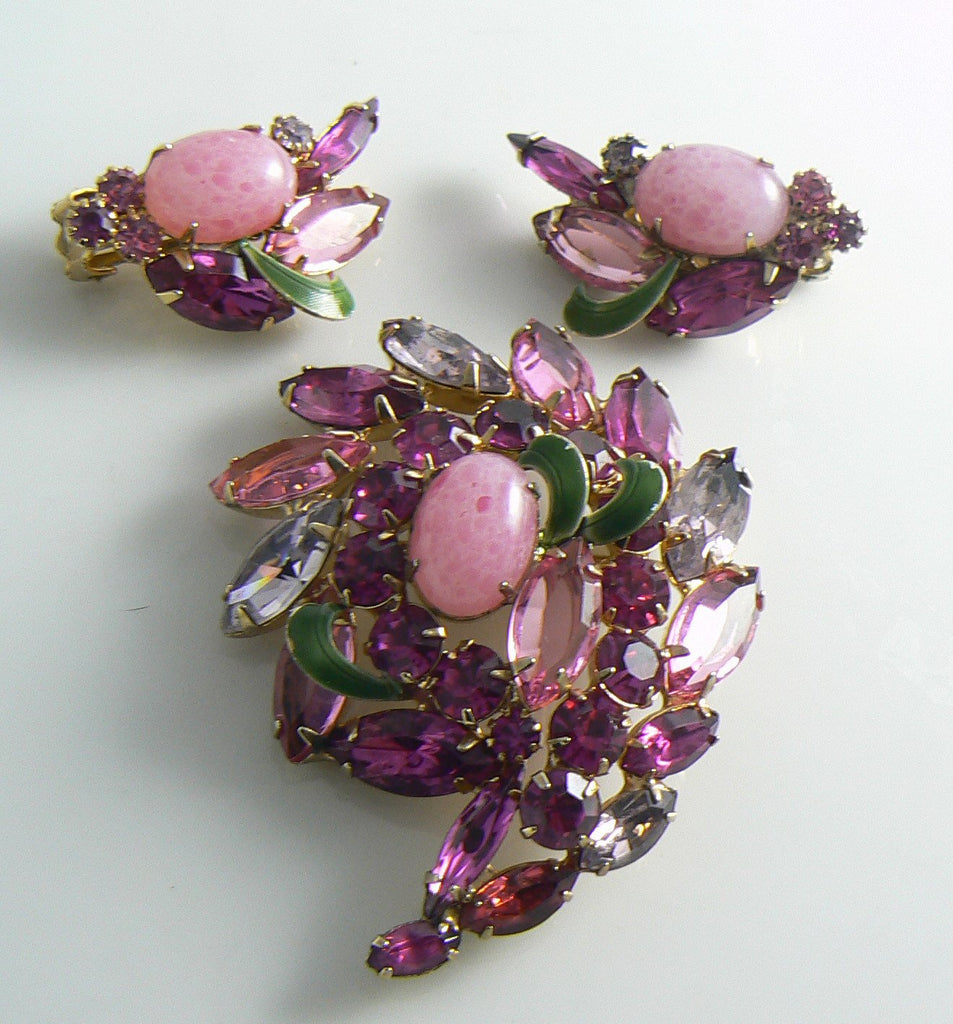 Vintage Pink Lavender Rhinestone Art Glass Enamel Brooch and Earrings