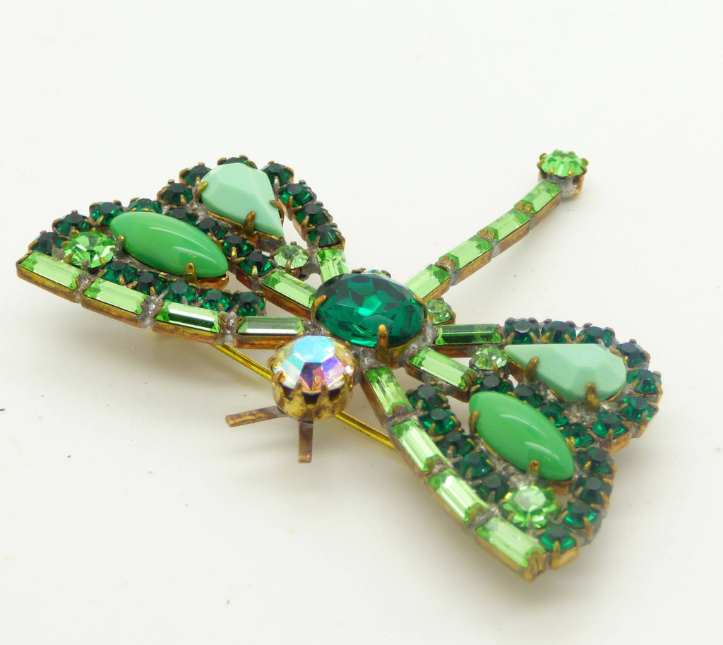 Czech Green Glass Rhinestone Dragonfly Pin - Vintage Lane Jewelry