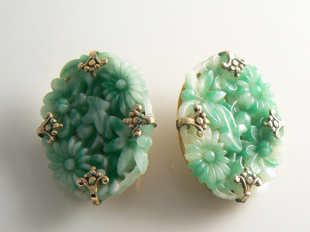 Whiting Davis Carved Glass Jade Clip Earrings