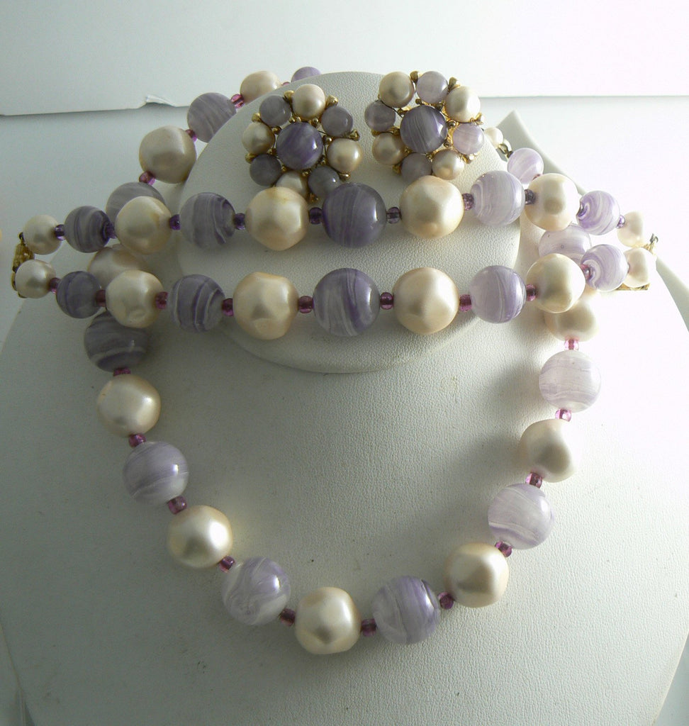 Marvella Lavender And Faux Pearl Bead Necklace Bracelet Set