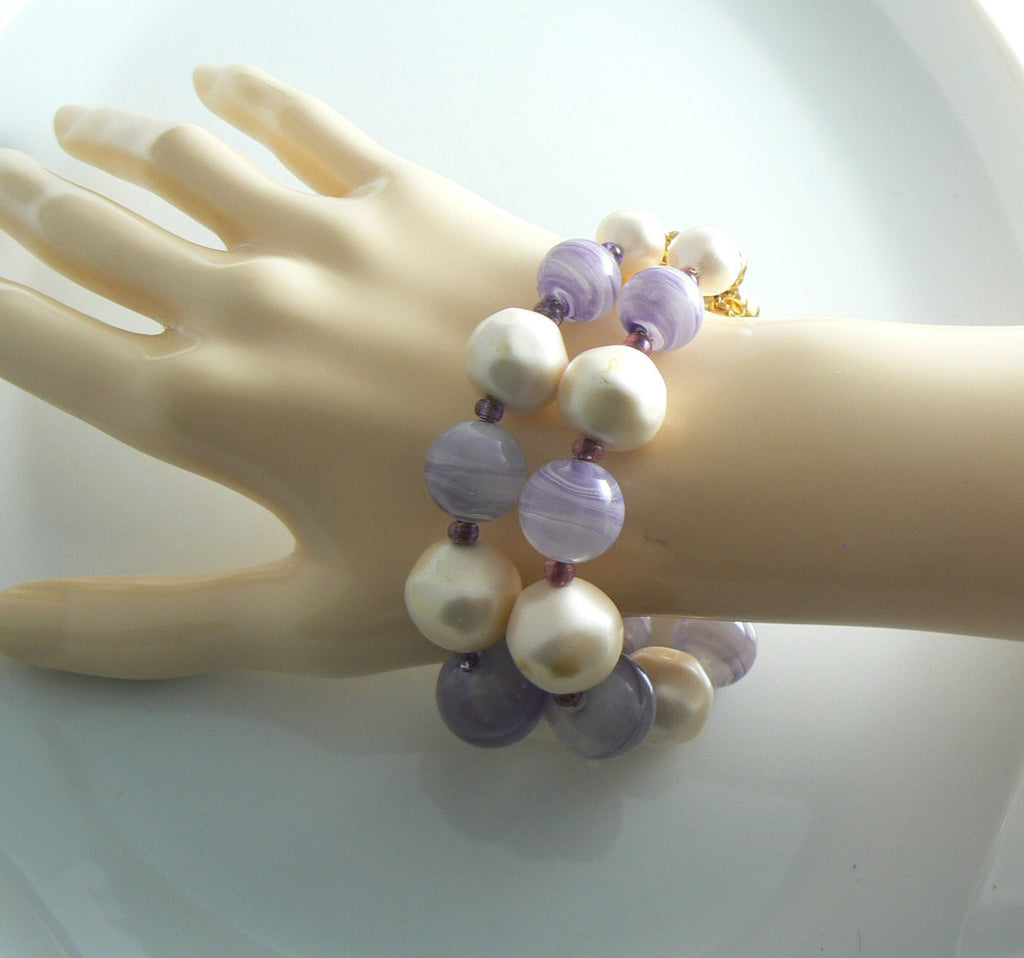 Marvella Lavender And Faux Pearl Bead Necklace Bracelet Set - Vintage Lane Jewelry