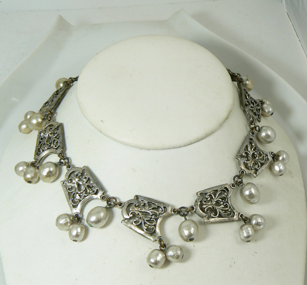 Miriam Haskell Baroque Pearl and Silver Filigree Festoon Necklace - Vintage Lane Jewelry