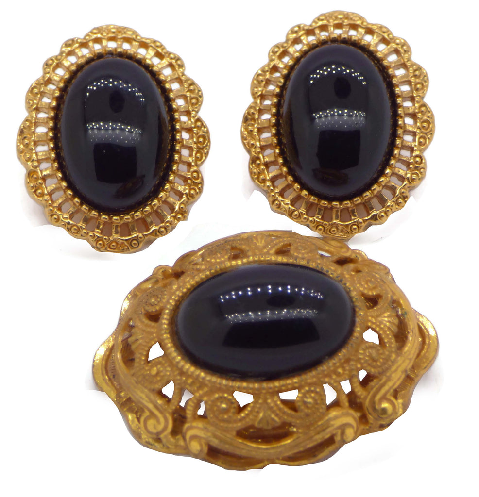 Miriam Haskell Russian Gold Black Glass Demi Parure