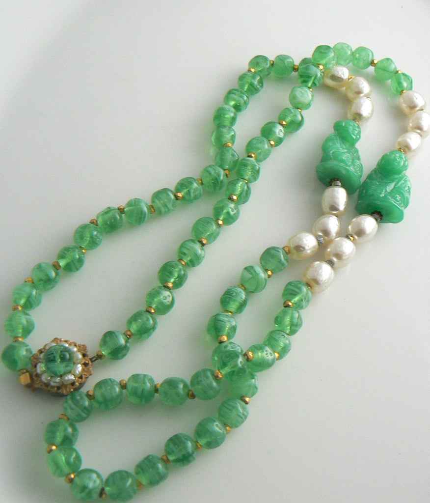 Miriam Haskell Peking Glass & Baroque Pearl Buddha Necklace - Vintage Lane Jewelry