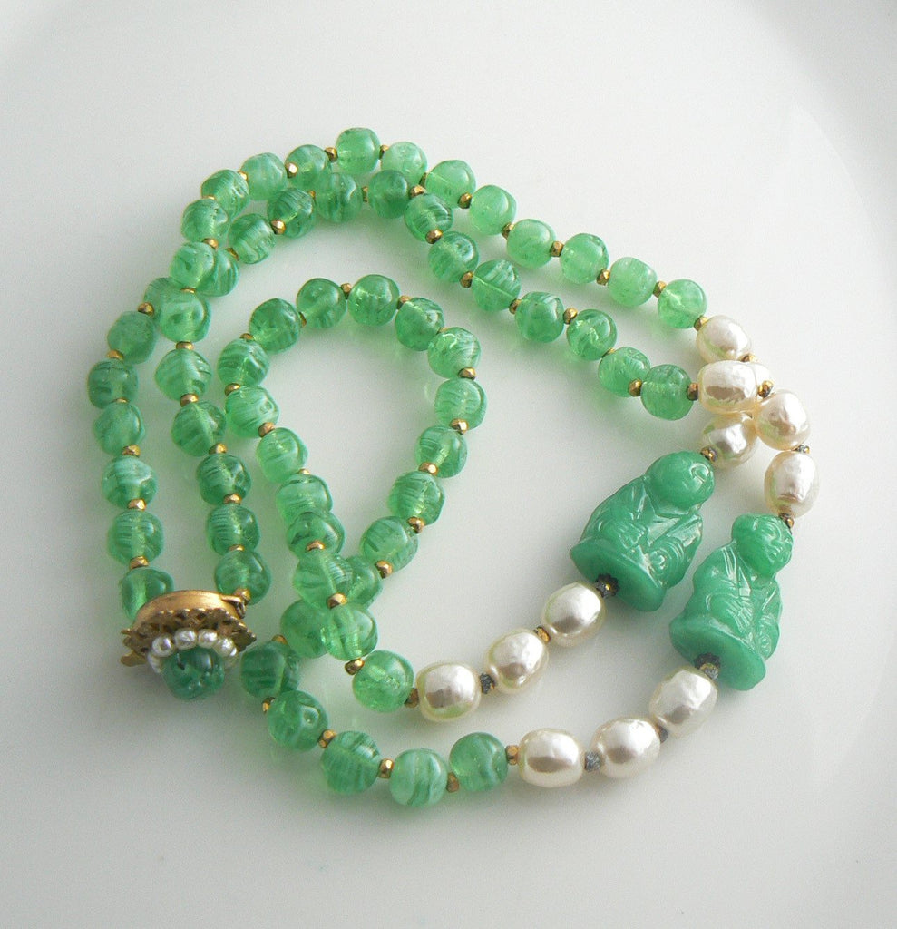 Miriam Haskell Peking Glass & Baroque Pearl Buddha Necklace