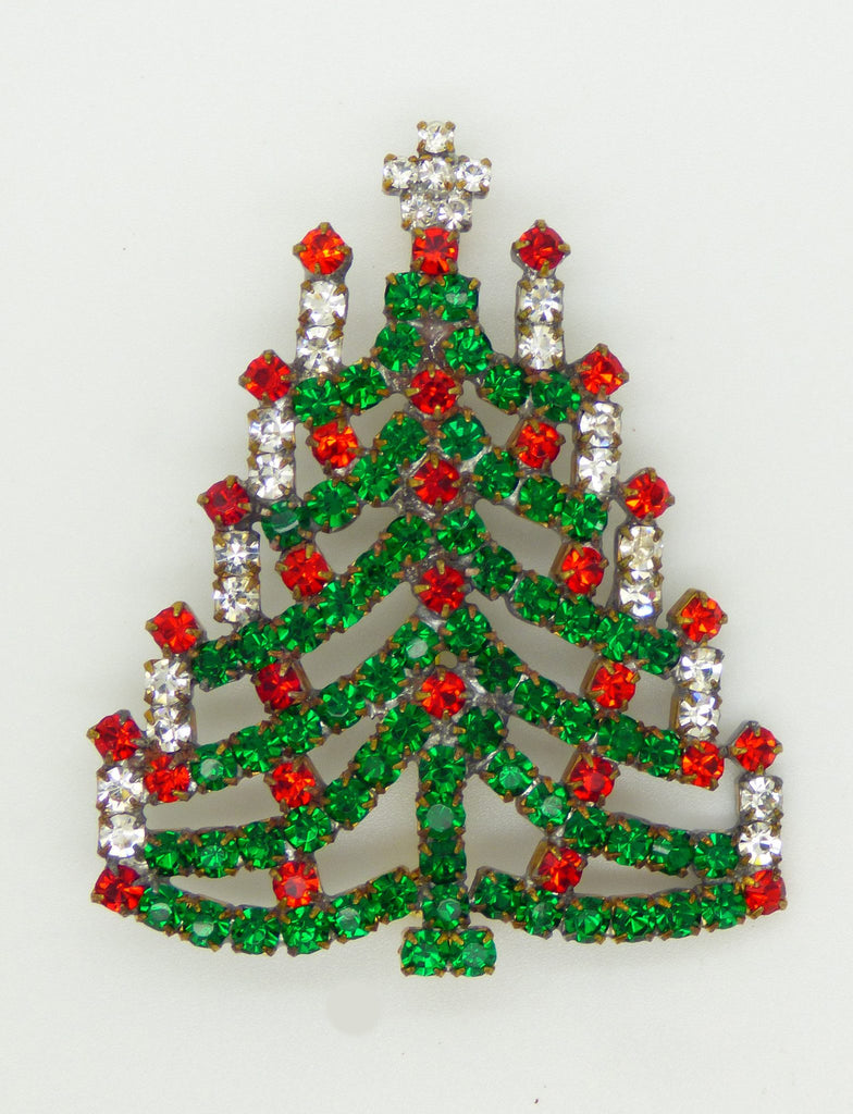 Czech Glass Red, Green, Clear Rhinestone Christmas Tree Brooch, Xmas Pin, Holiday Brooch