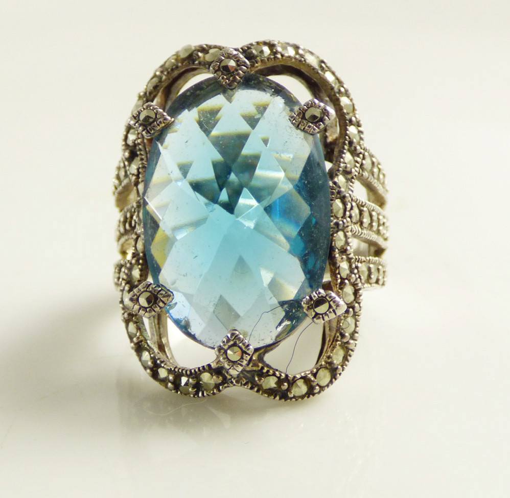 Victorian 23ct Blue Quartz Sterling Silver Marcasite Ring