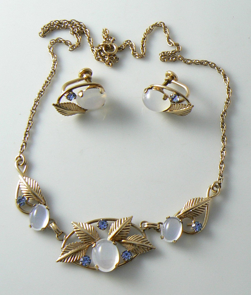 Delicate Moon Stone And Blue Rhinestone Necklace And Earring Set