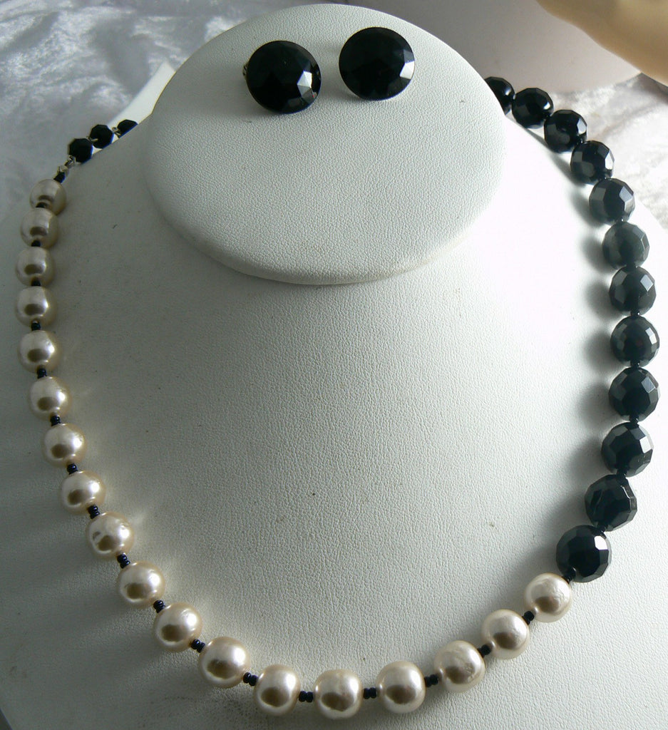 Miriam Haskell Baroque Style Pearl Black Crystal Necklace Earring Set - Vintage Lane Jewelry