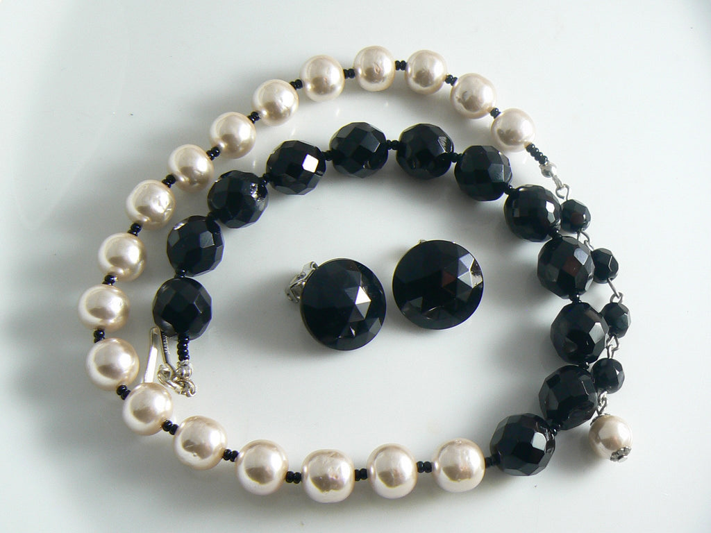 Miriam Haskell Baroque Style Pearl Black Crystal Necklace Earring Set