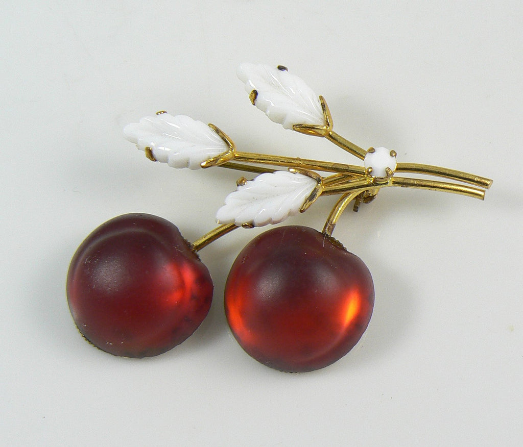 Austrian Frosted Glass Cherries and Milk Glass Leaves Brooch