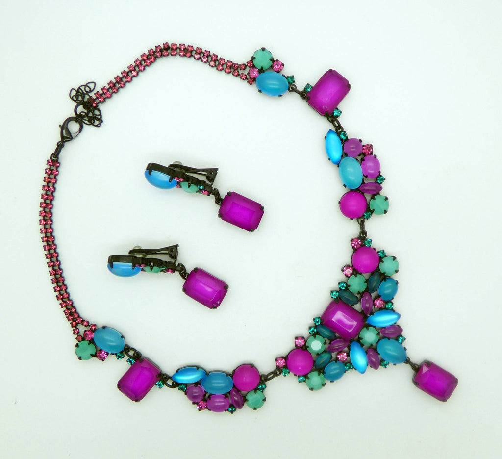 Purple, Pink and Aqua Neon Czech Glass Japanned Necklace and Clip Earrings