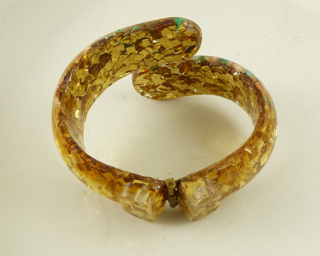 Gold Confetti and Sea Shells Lucite Clamper and Earring Set - Vintage Lane Jewelry