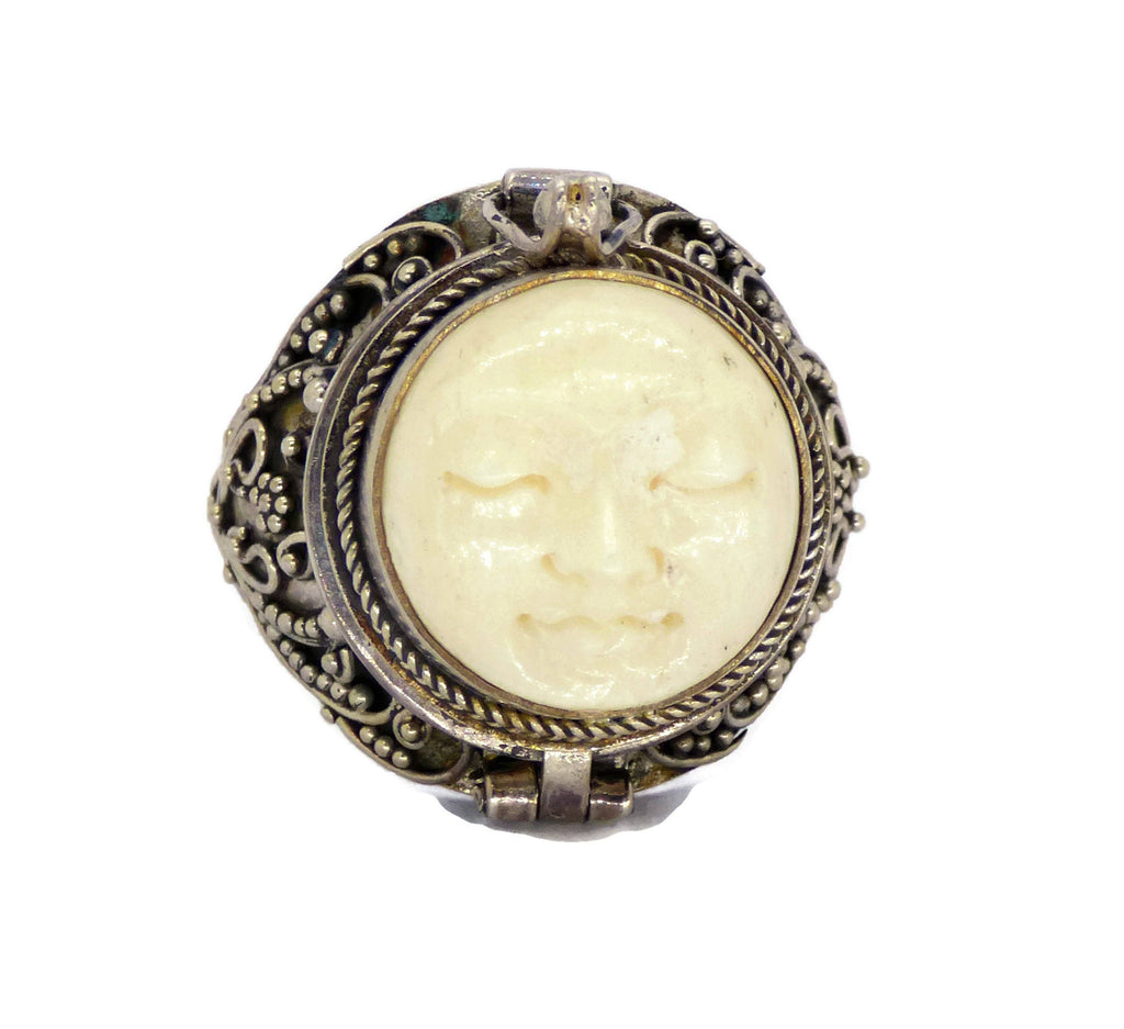 Balinese Bone Sterling Silver 925 Poison Ring, Pill Box Ring, Size 10