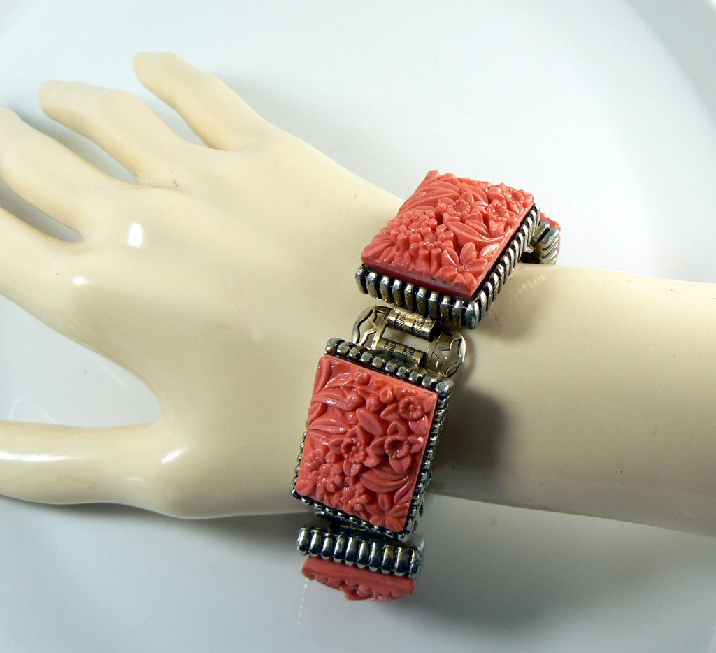 Vintage Molded Coral Glass Flower Panel Book Chain Bracelet - Vintage Lane Jewelry