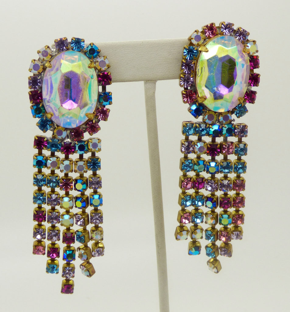 Czech Glass Multicolored Pastel Rhinestone Necklace, Clip Earrings and Ring - Vintage Lane Jewelry