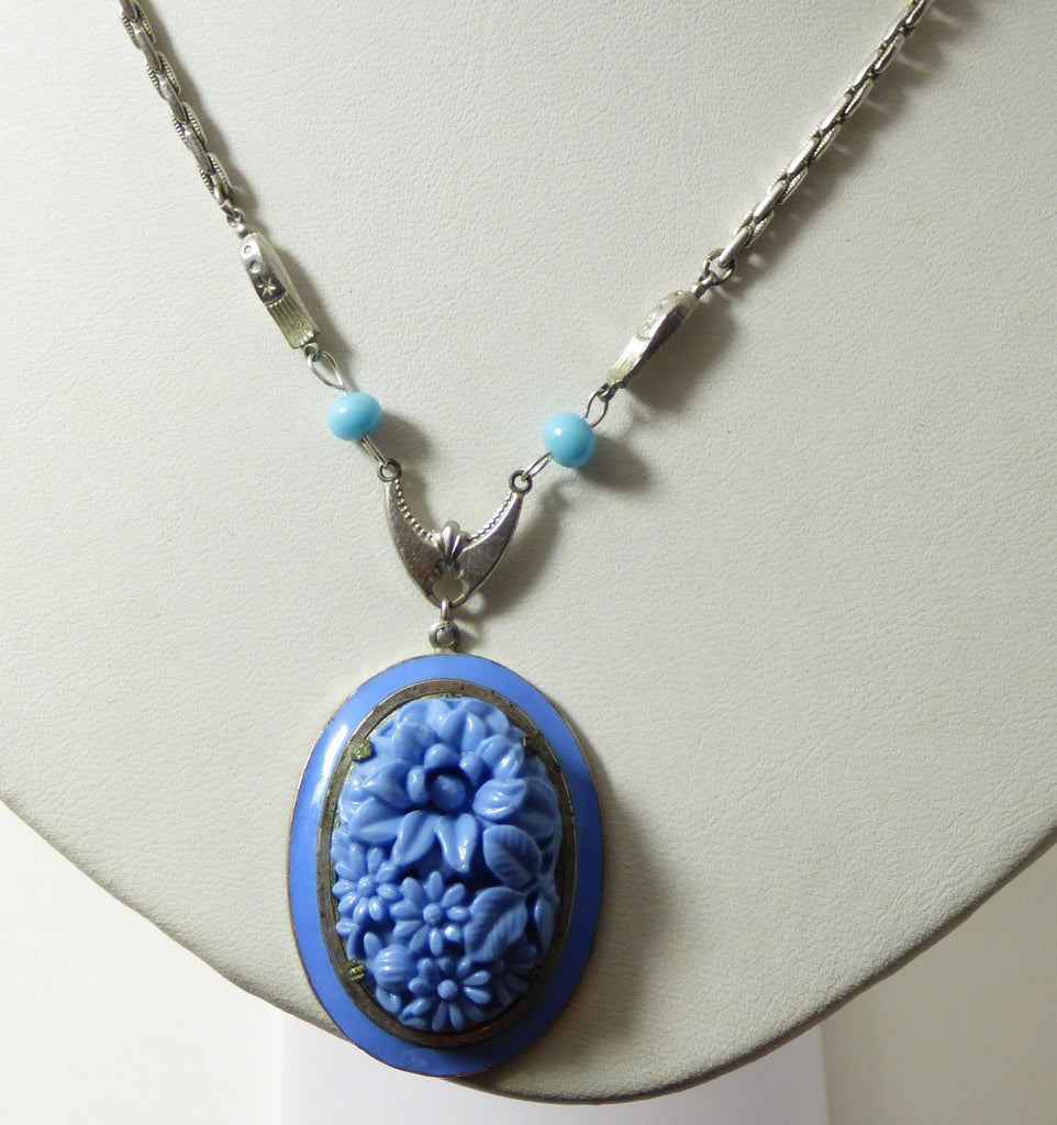Art Deco Blue Enamel and Molded Glass Flower Necklace