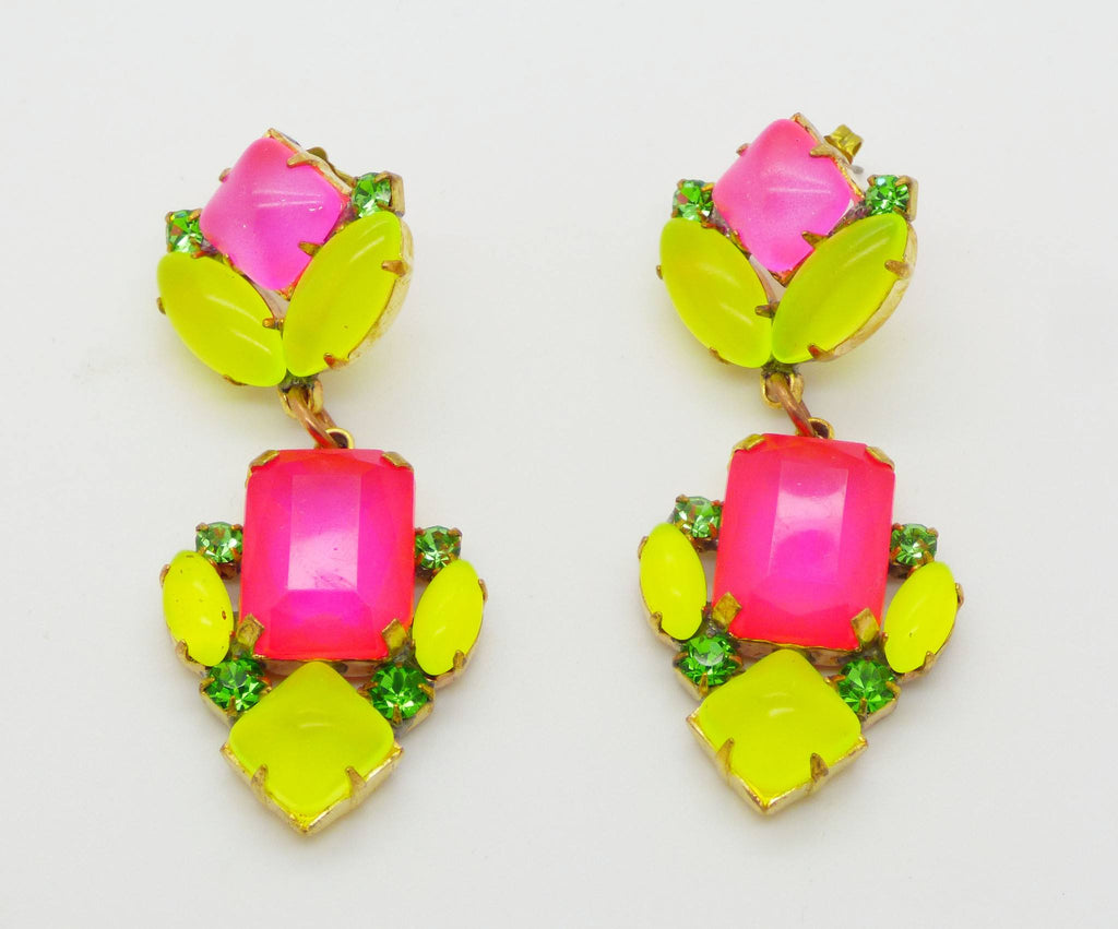 Czech Pink and Yellow Neon Japanned Pierced Style Earrings