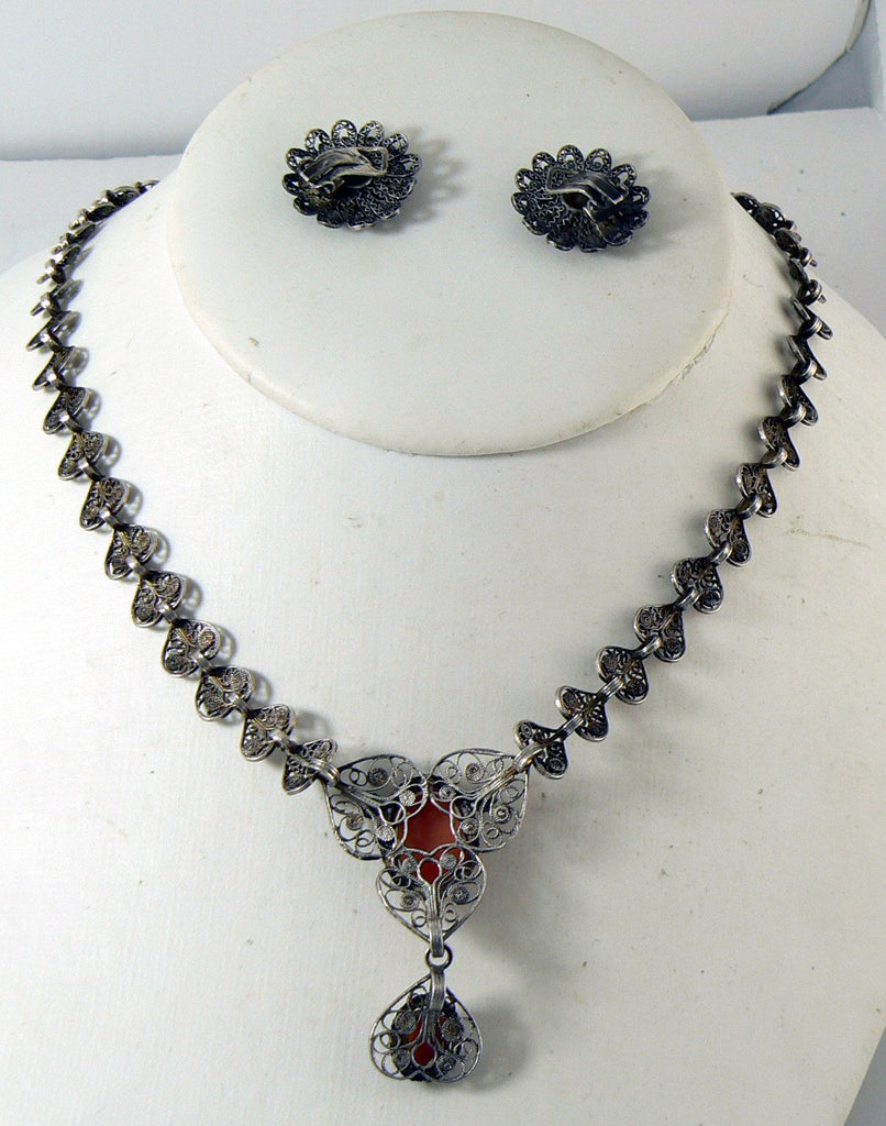 Estate Sterling Silver Filigree Carved Shell Cameo Necklace Earring Set - Vintage Lane Jewelry