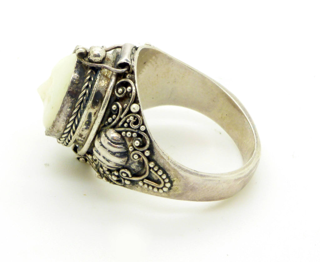 Balinese Bone Sterling Silver 925 Poison Ring, Pill Box Ring, Size 9.5 - Vintage Lane Jewelry