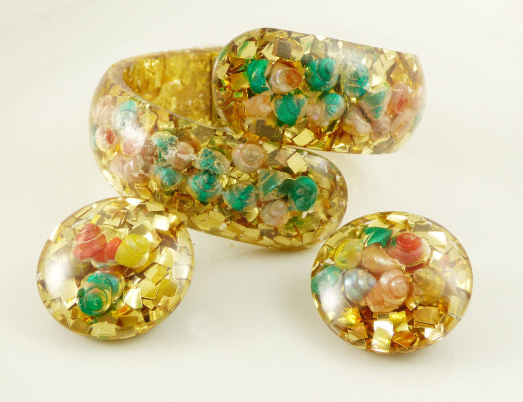 Gold Confetti and Sea Shells Lucite Clamper and Earring Set