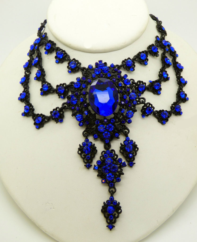 Cobalt Blue Rhinestone Black Gun Metal Statement Lavalier Necklace - Vintage Lane Jewelry