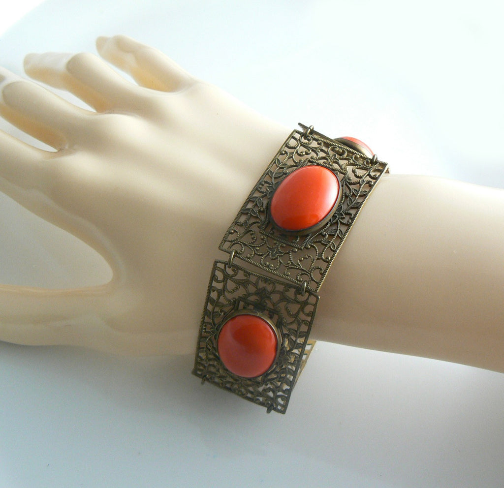 Czech Deco Lipstick Red Glass Brass Filigree Bracelet