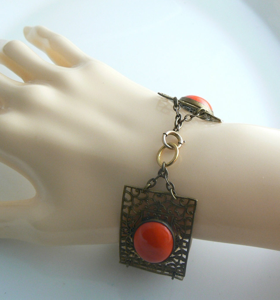 Czech Deco Lipstick Red Glass Brass Filigree Bracelet - Vintage Lane Jewelry