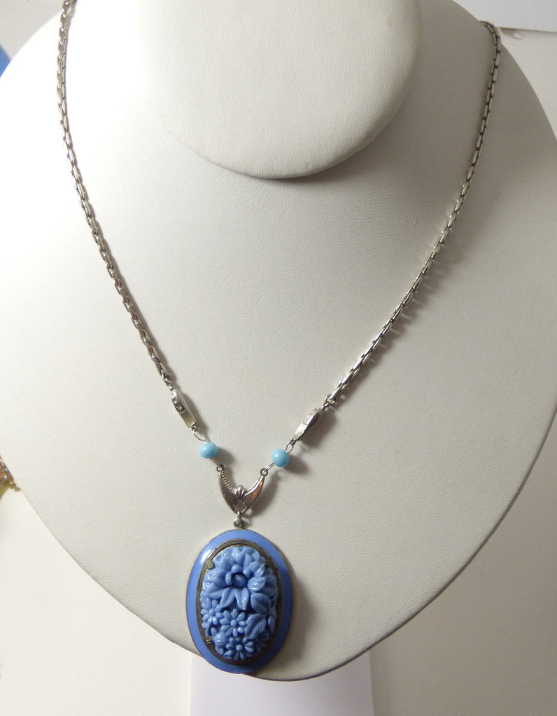 Art Deco Blue Enamel and Molded Glass Flower Necklace - Vintage Lane Jewelry