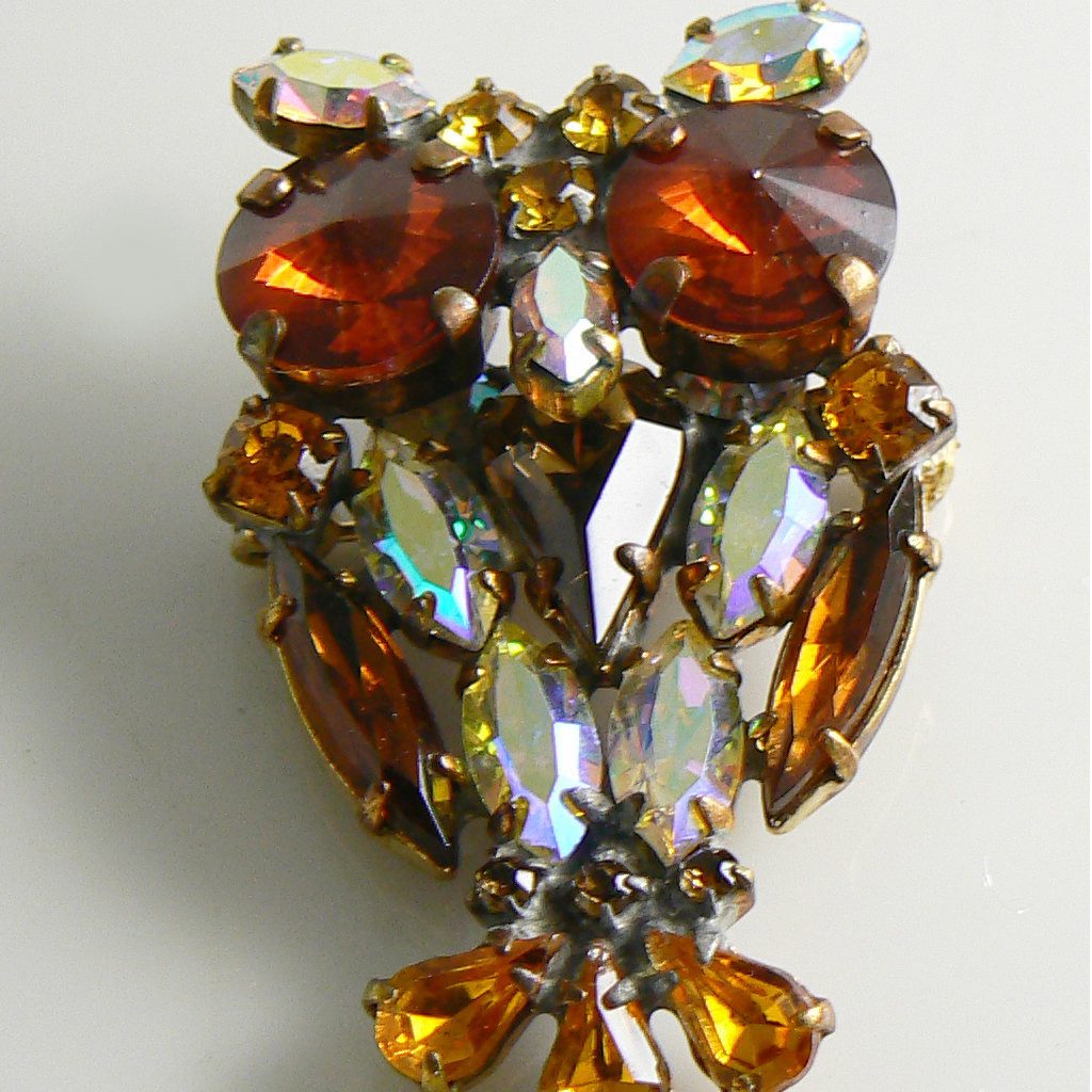 Czech Glass Rhinestone Owl Pin