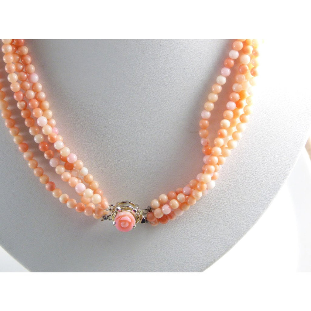 Angel Skin Coral Natural 4 Strand Necklace with Carved Coral Flower Clasp