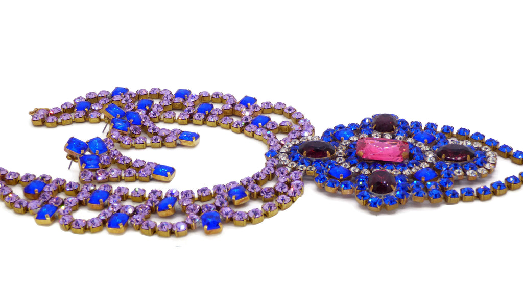 Bijoux MG Blue and Purple Czech Glass Necklace Earring Set - Vintage Lane Jewelry