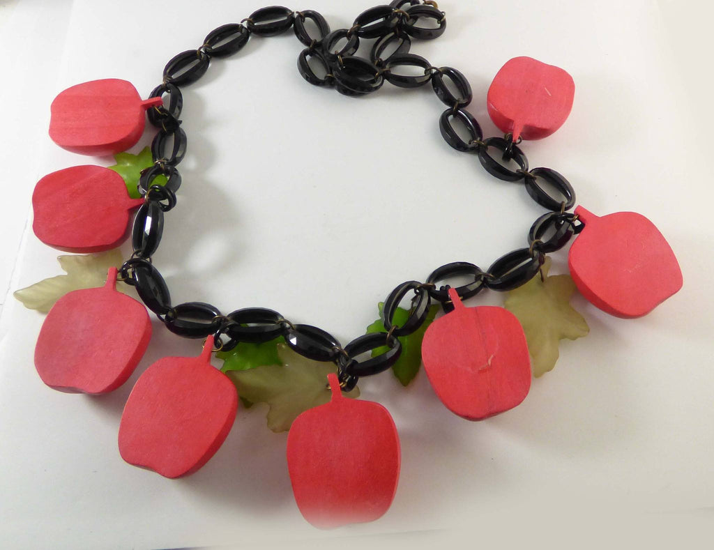 Vintage Early Plastic Apples and Leaves Necklace, Black Lucite Chain, Big Red Apples - Vintage Lane Jewelry