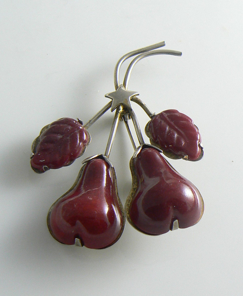 Vintage Lucite Burgundy Figural Pears Brooch