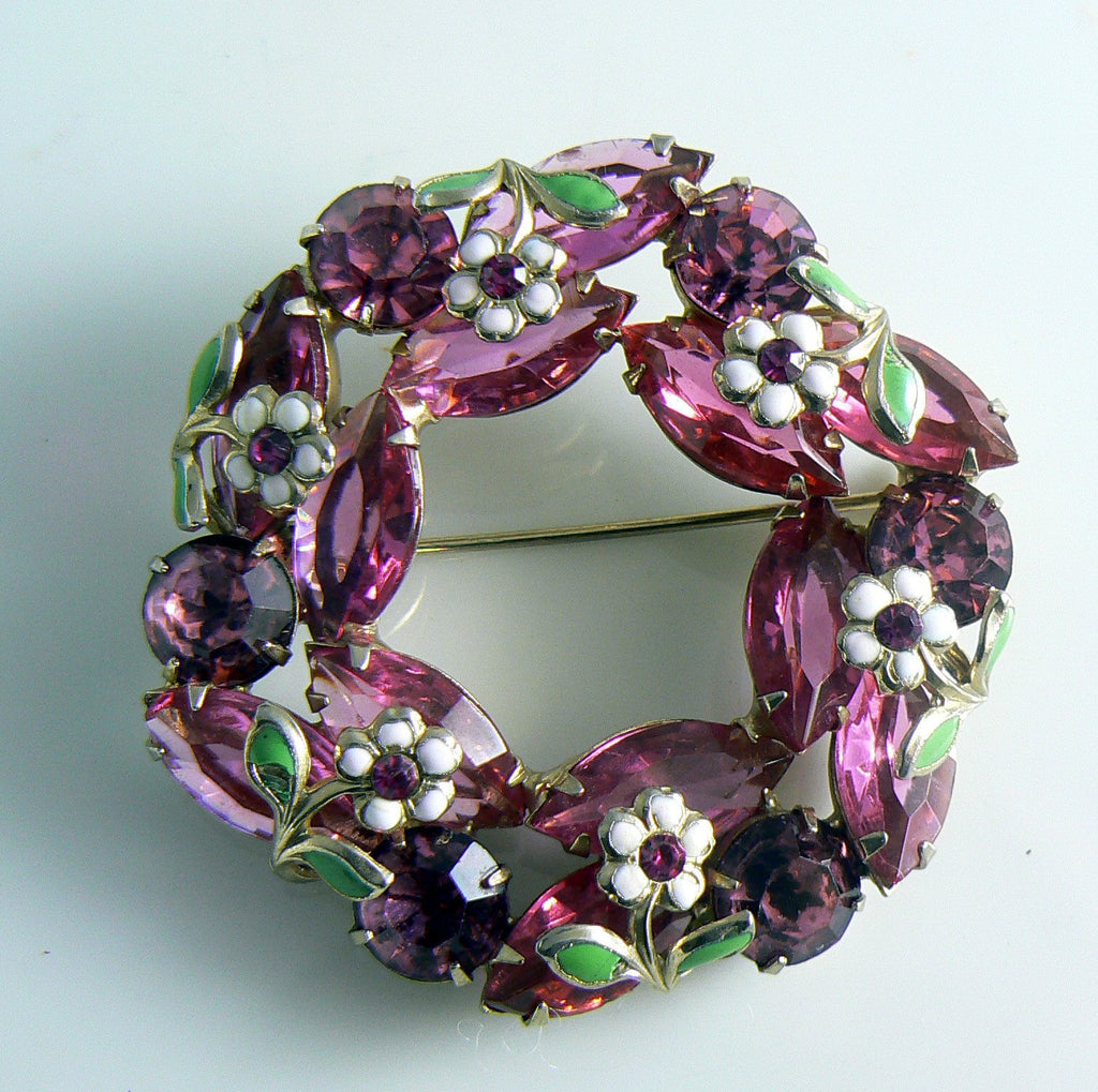 Pretty Vintage Pink Rhinestone And Enamel Flower Brooch