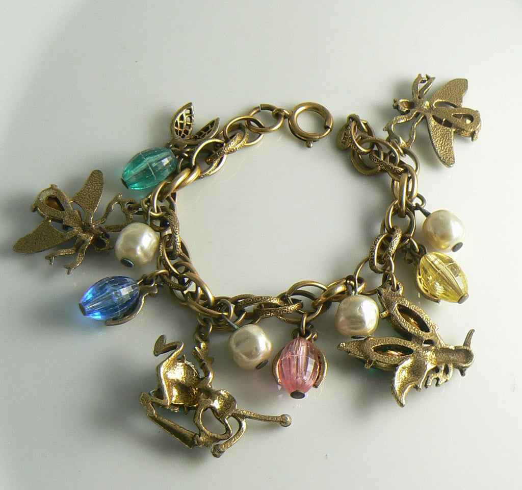 Art Arthur Pepper Insect Fruit Salad Glass Lucite Charm Bracelet - Vintage Lane Jewelry