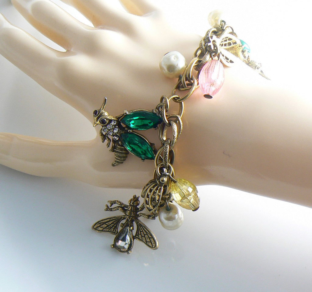Art Arthur Pepper Insect Fruit Salad Glass Lucite Charm Bracelet