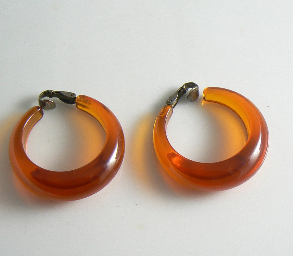 Large Orange Prystal Bakelite Hoop Earrings