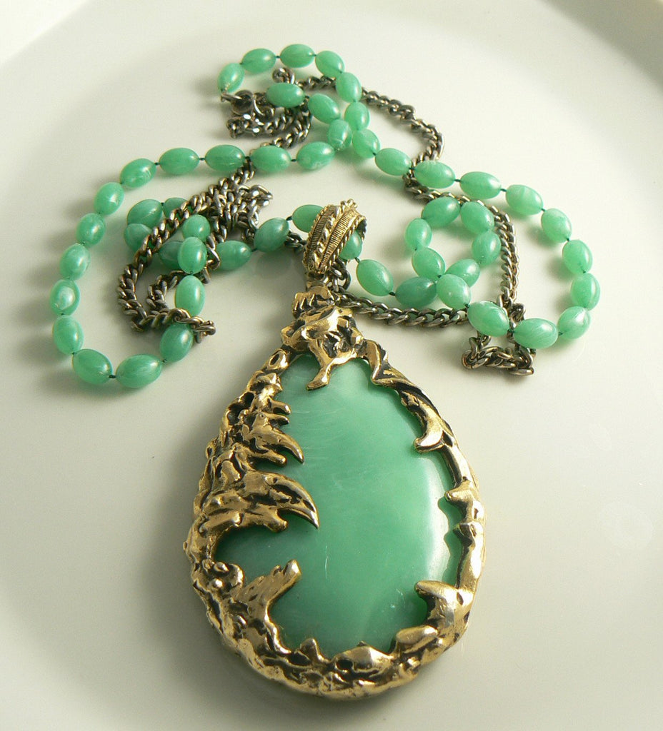 Faux Jade Golden Leaves Vintage Necklace