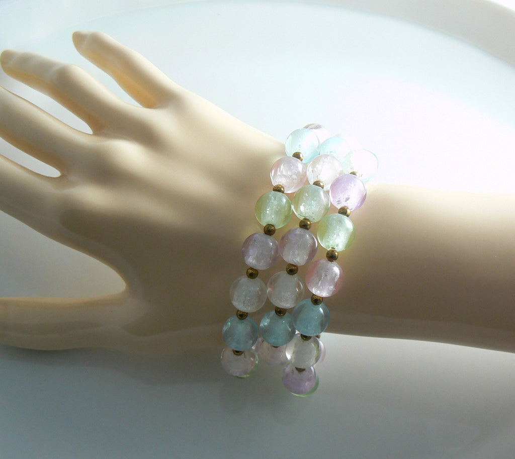Trifari Pastel Crackle Glass Lucite Bead Necklace Bracelet Set - Vintage Lane Jewelry