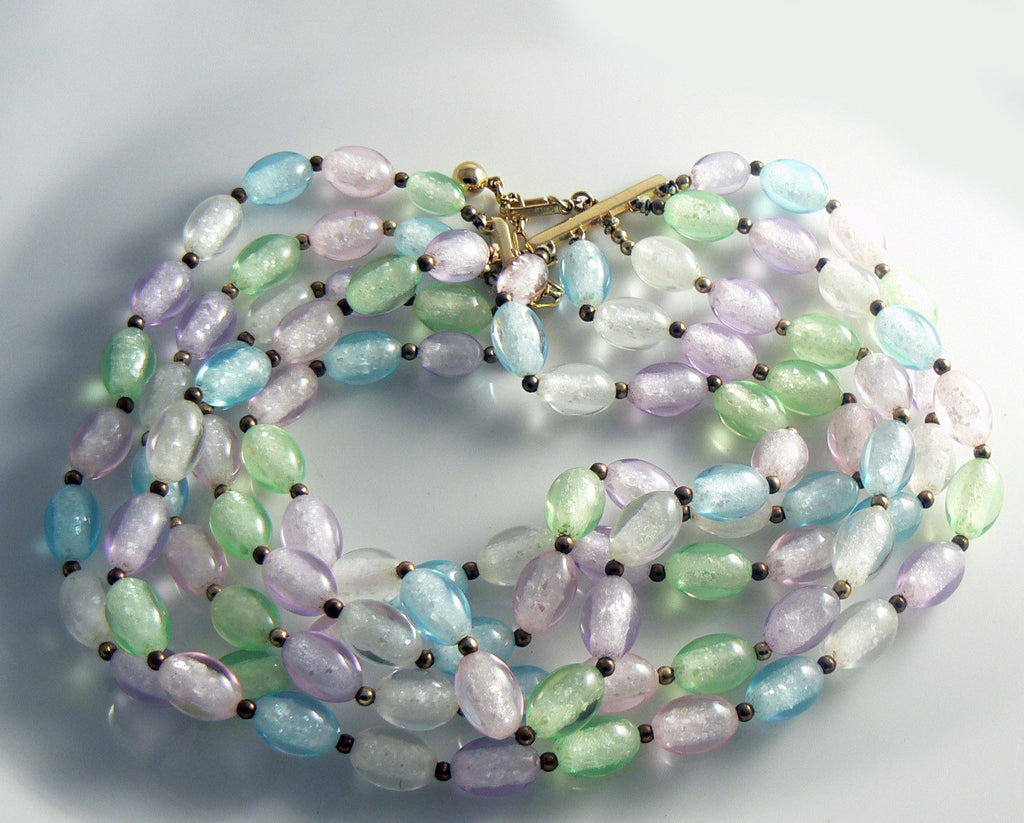 Trifari Pastel Crackle Glass Lucite Bead Necklace Bracelet Set