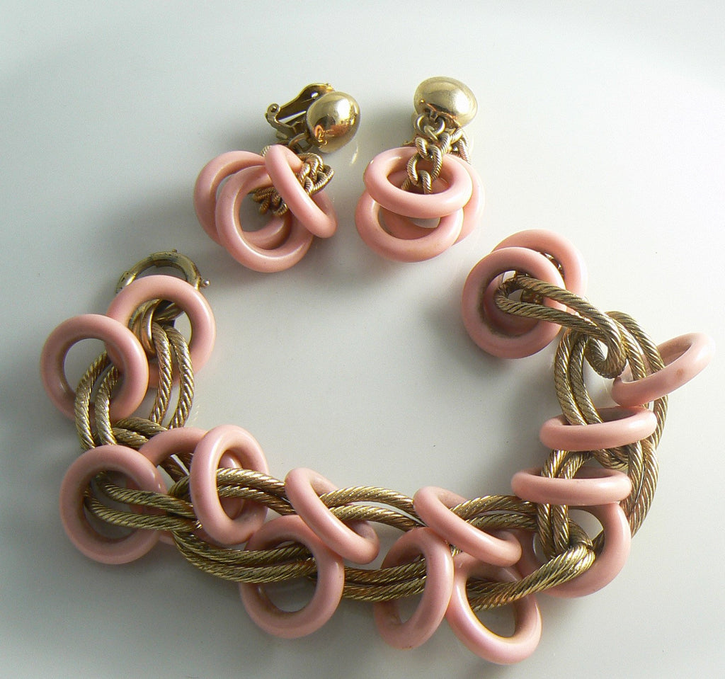 Napier Chunky Pink Lucite Dangling Bracelet Earring Set