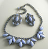 Baby blue milk glass rhinestone necklace earring set - Vintage Lane Jewelry